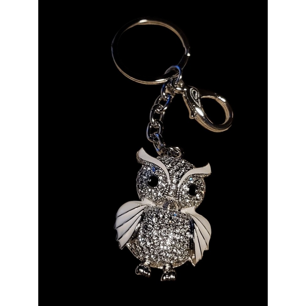 Killarney Crystal Enamel Owl Keychain White Silver Tone Sparkly Accessory
